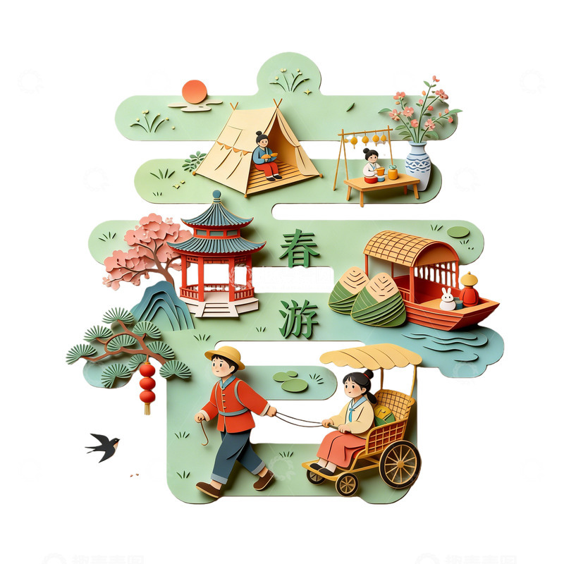 高清大图下载【趣麦麦图】剪纸风春游踏青场景装饰设计