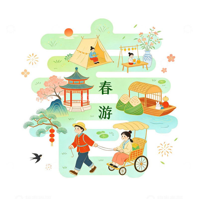 高清大图下载【趣麦麦图】卡通春游风景人物设计素材