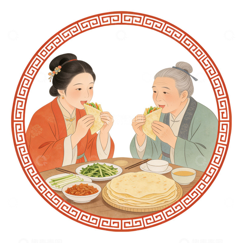 高清大图下载【趣麦麦图】古典风格母女就餐插画