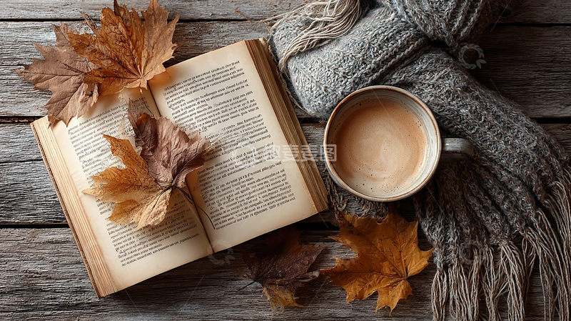 高清大图下载【趣麦麦图】温暖咖啡伴叶落秋意
