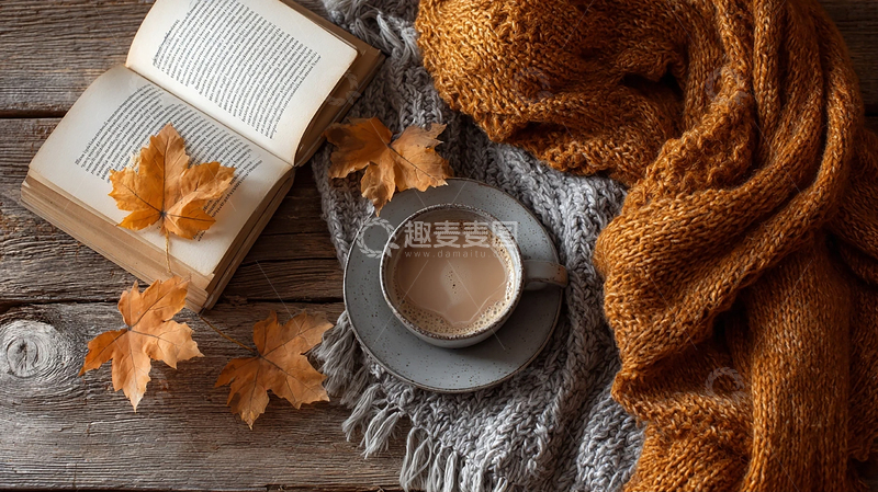 高清大图下载【趣麦麦图】秋夜暖意：书卷与咖啡的静谧时光