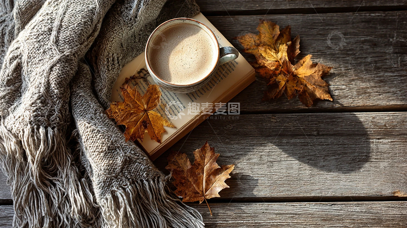 高清大图下载【趣麦麦图】秋日暖意：咖啡伴书叶静谧