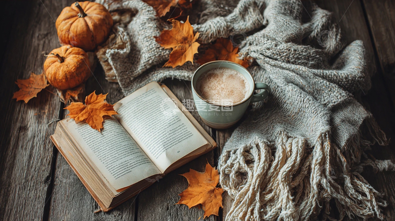 高清大图下载【趣麦麦图】落叶与书页的秋日交响