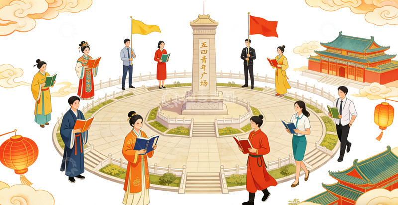 高清大图下载【趣麦麦图】国潮风五四纪念广场插画