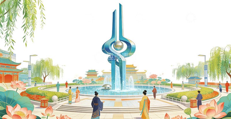 高清大图下载【趣麦麦图】古典风格济南泉城城市广场插画