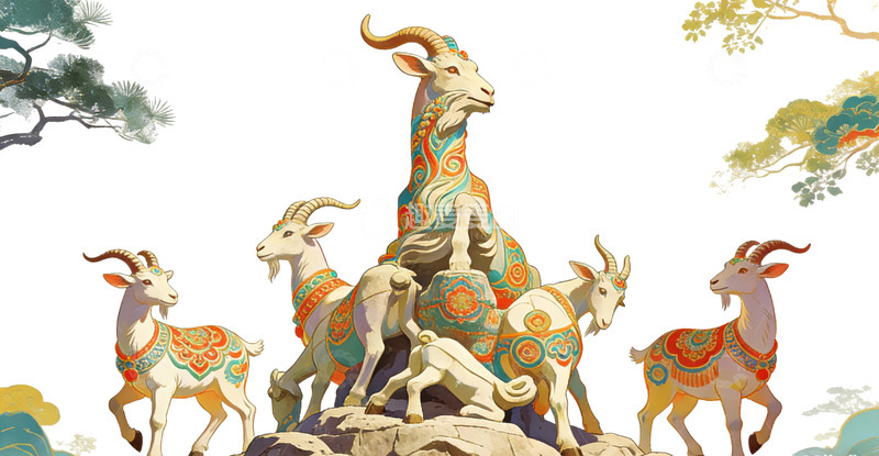 高清大图下载【趣麦麦图】地标建筑彩绘山羊雕塑艺术插画
