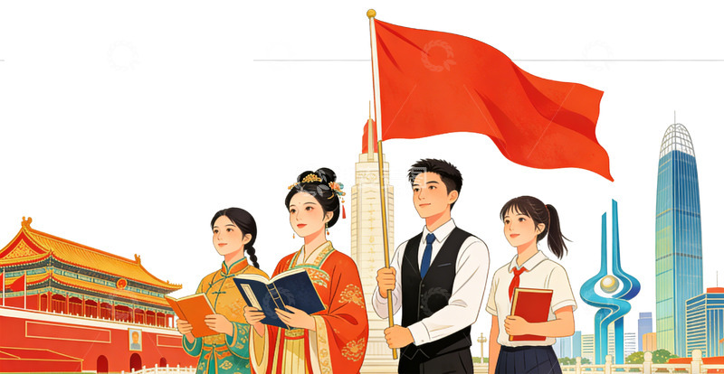 高清大图下载【趣麦麦图】爱国主题插画青年与国家建筑