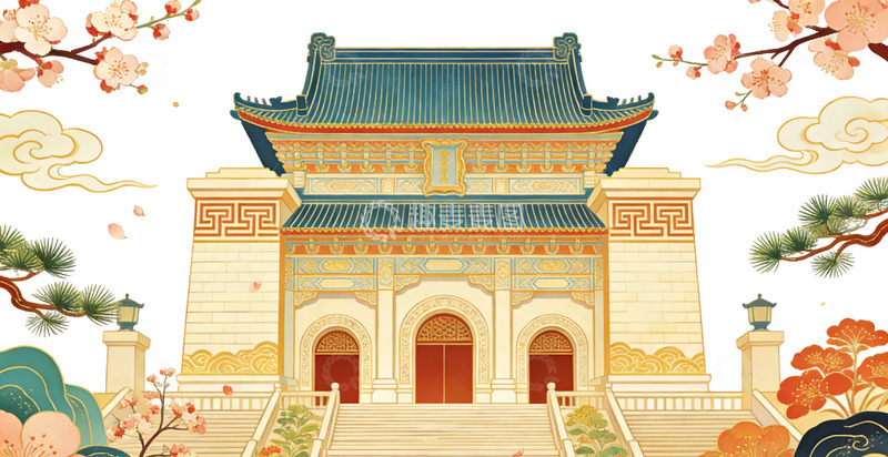 高清大图下载【趣麦麦图】古典中国建筑插画樱花松树