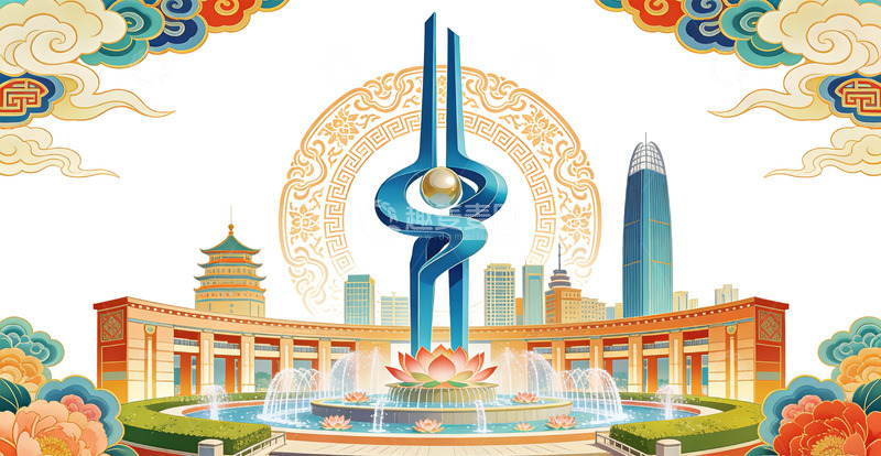高清大图下载【趣麦麦图】济南泉城传统风格城市地标插画
