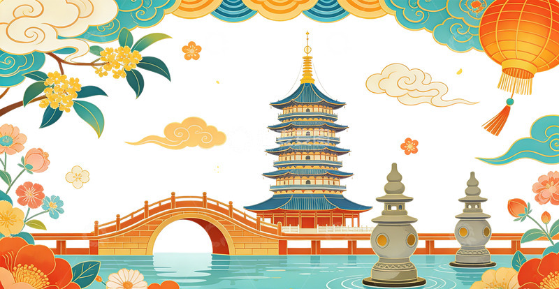 高清大图下载【趣麦麦图】传统中国建筑山水风景插画