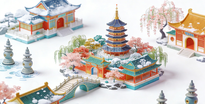 高清大图下载【趣麦麦图】中国风地标建筑纸艺模型