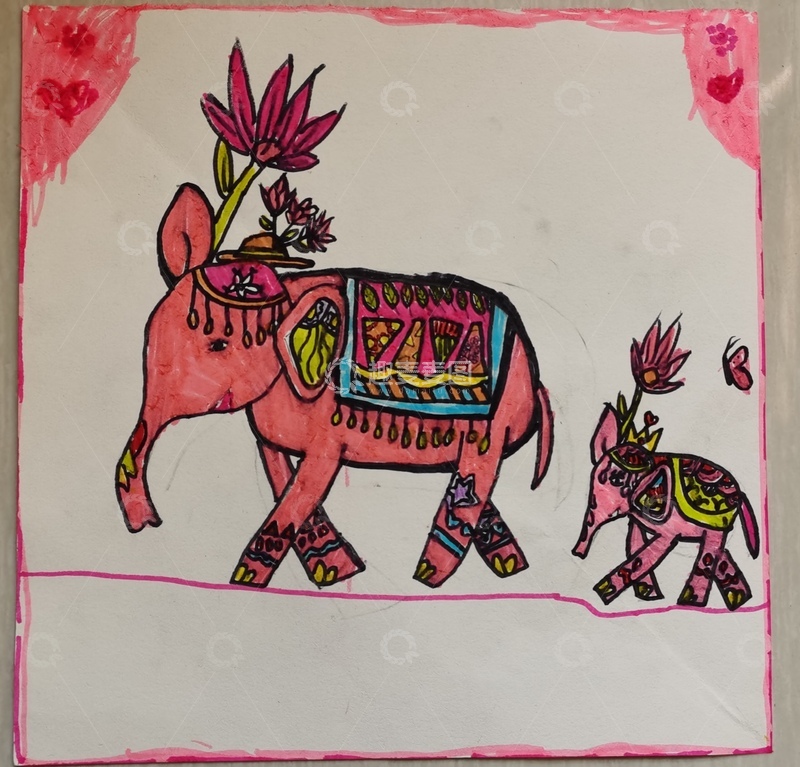 高清大图下载【趣麦麦图】彩绘大象母子图案儿童画