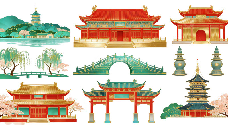 高清大图下载【趣麦麦图】传统中国建筑元素插画设计素材