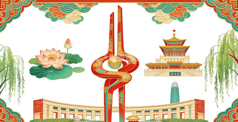 高清大图下载【趣麦麦图】地标建筑中国风传统建筑艺术插画