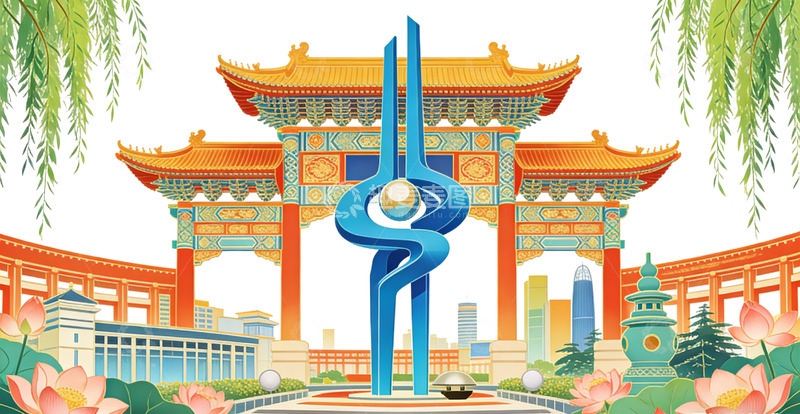 高清大图下载【趣麦麦图】地标建筑传统建筑与现代雕塑融合插画