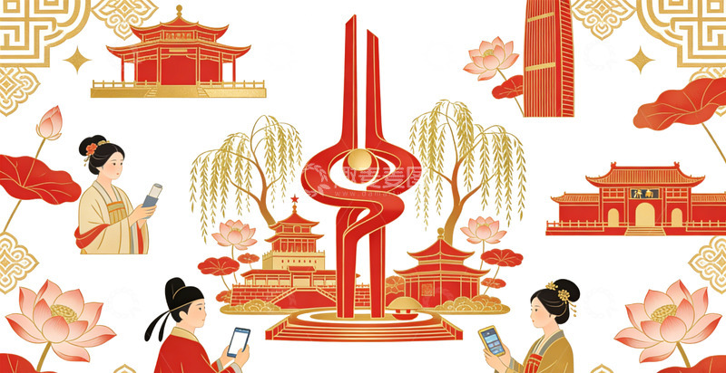 高清大图下载【趣麦麦图】中式风格城市地表建筑插画