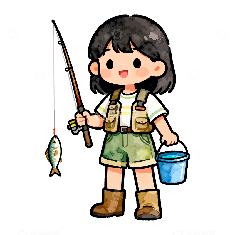 源文件下载【趣麦麦图】卡通钓鱼女孩插画设计素材
