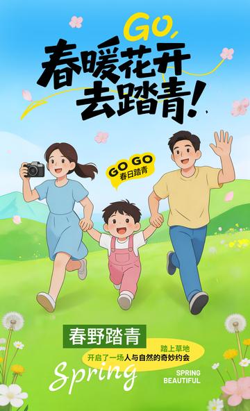 春日卡通春暖花开亲子踏青海报插画