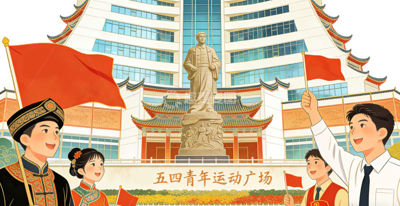 高清大图下载【趣麦麦图】五四青年广场插画素材