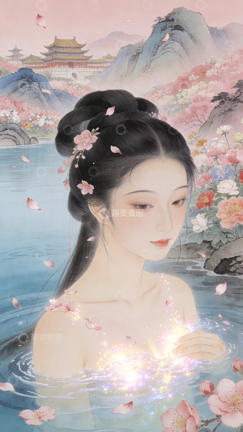 高清大图下载【趣麦麦图】古典美女出浴插画装饰画