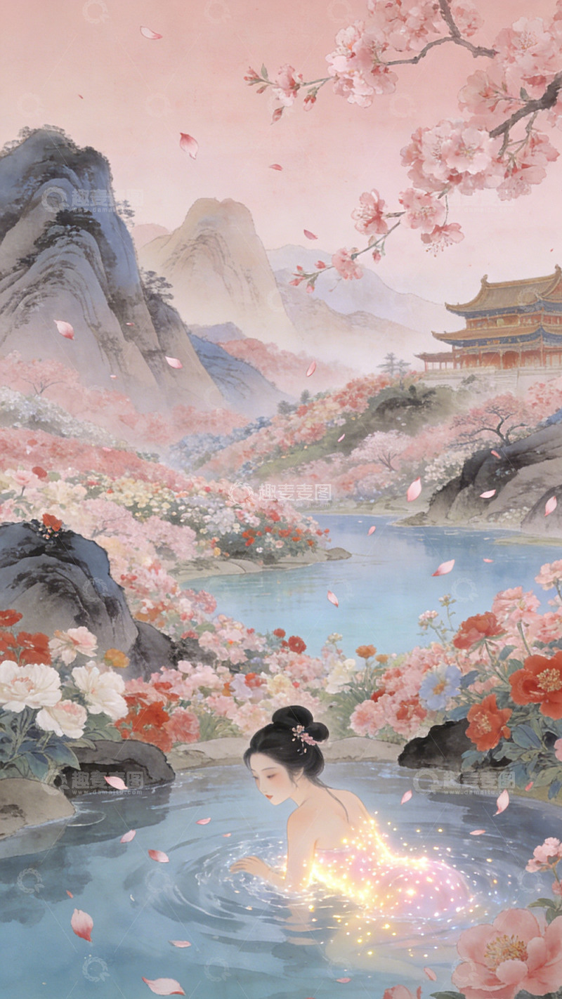 高清大图下载【趣麦麦图】古风美女泡池花海仙境图装饰画
