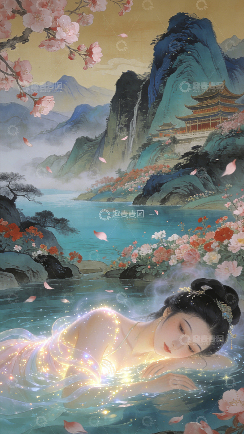 高清大图下载【趣麦麦图】古风仙女水中游仙境插画装饰画