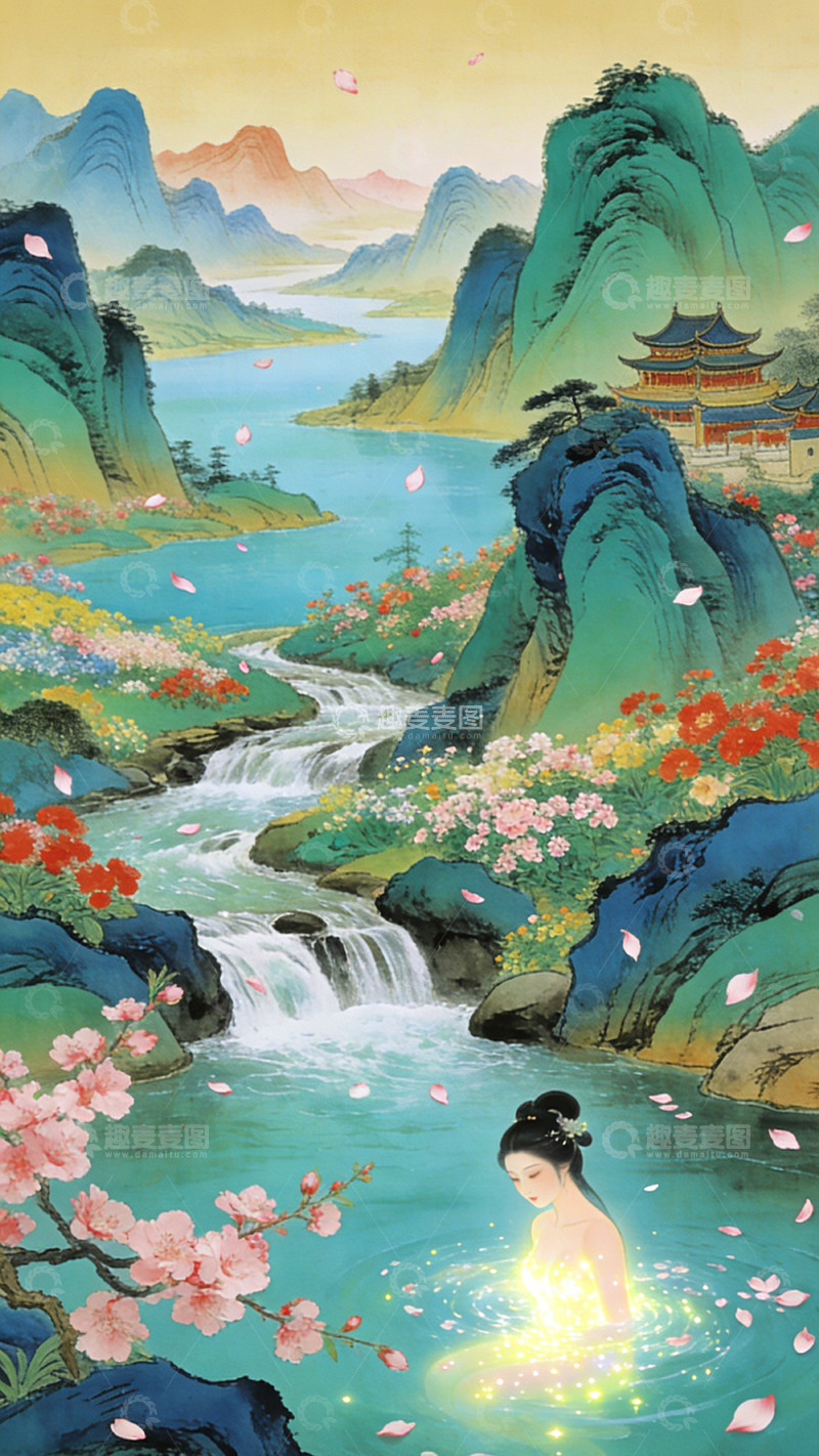 高清大图下载【趣麦麦图】山水画古风女子沐浴场景装饰画
