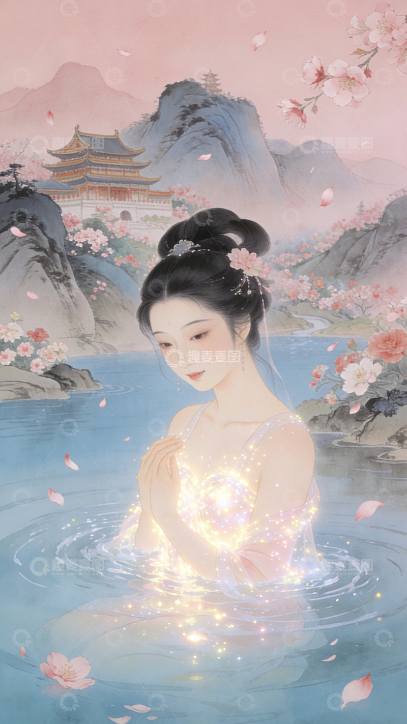 高清大图下载【趣麦麦图】古风仙女水中共舞水墨画装饰画