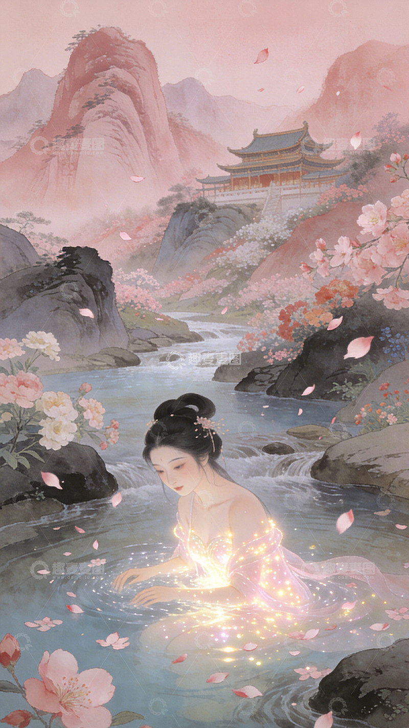 高清大图下载【趣麦麦图】古风仙女溪水嬉戏插画装饰画