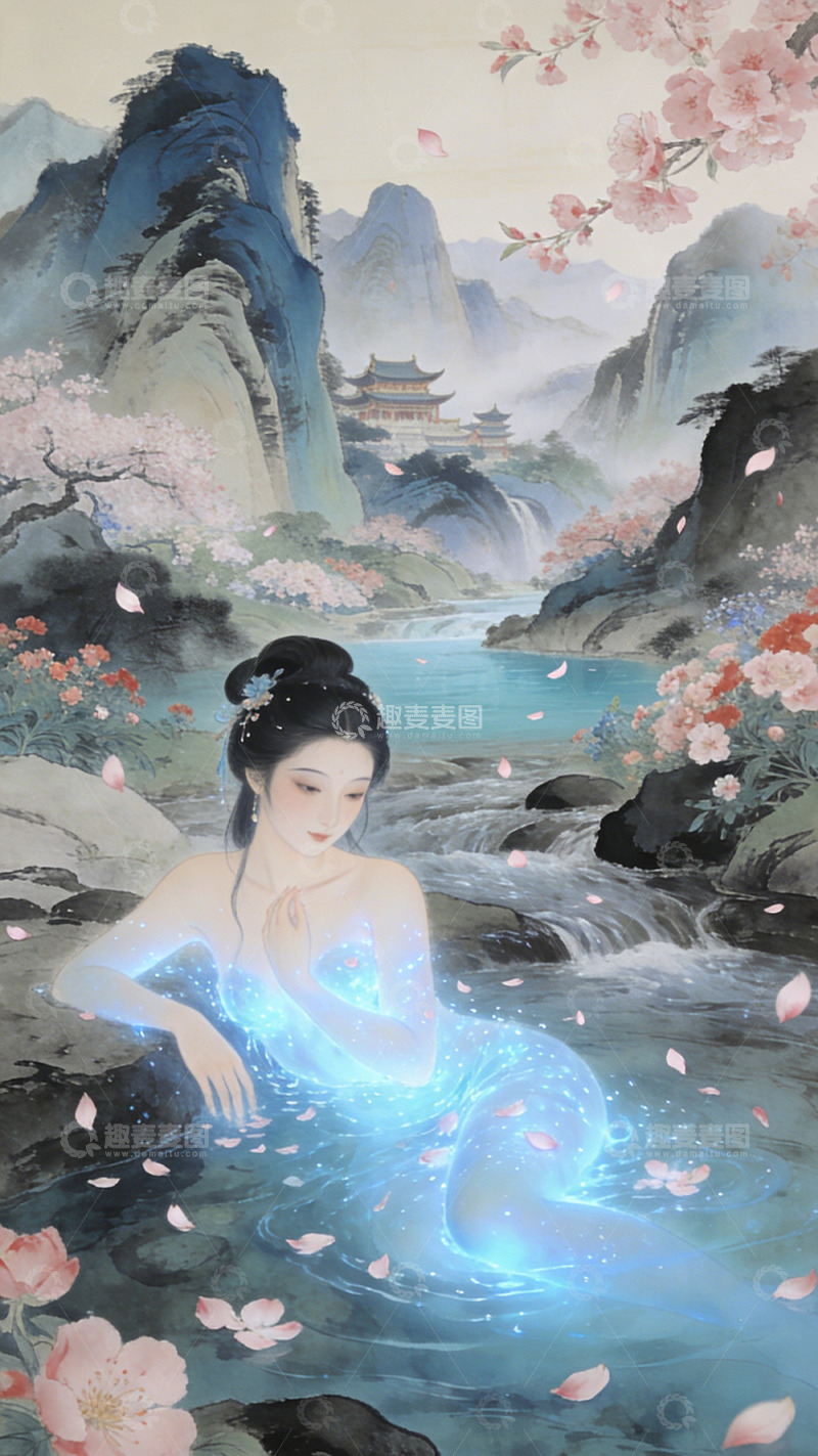 高清大图下载【趣麦麦图】古风仙女溪水插画装饰画