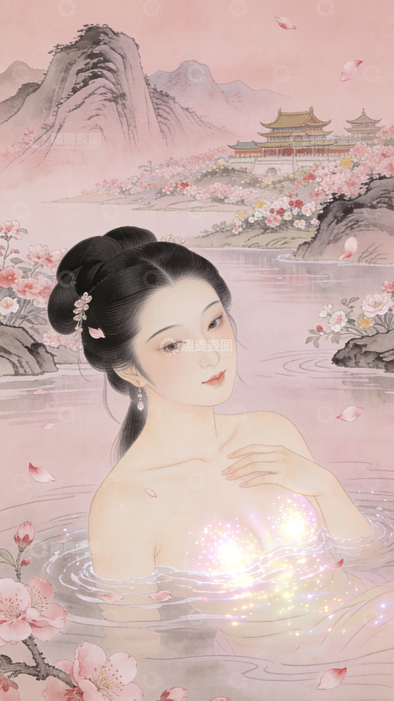 高清大图下载【趣麦麦图】古风女子水中共舞艺术插画装饰画