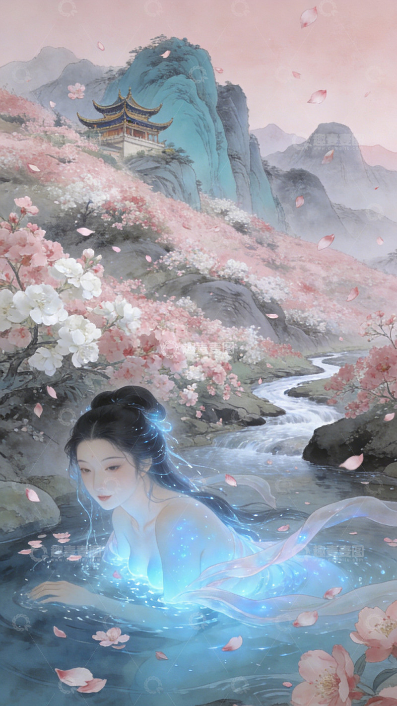 高清大图下载【趣麦麦图】古风美人鱼山水画卷装饰画