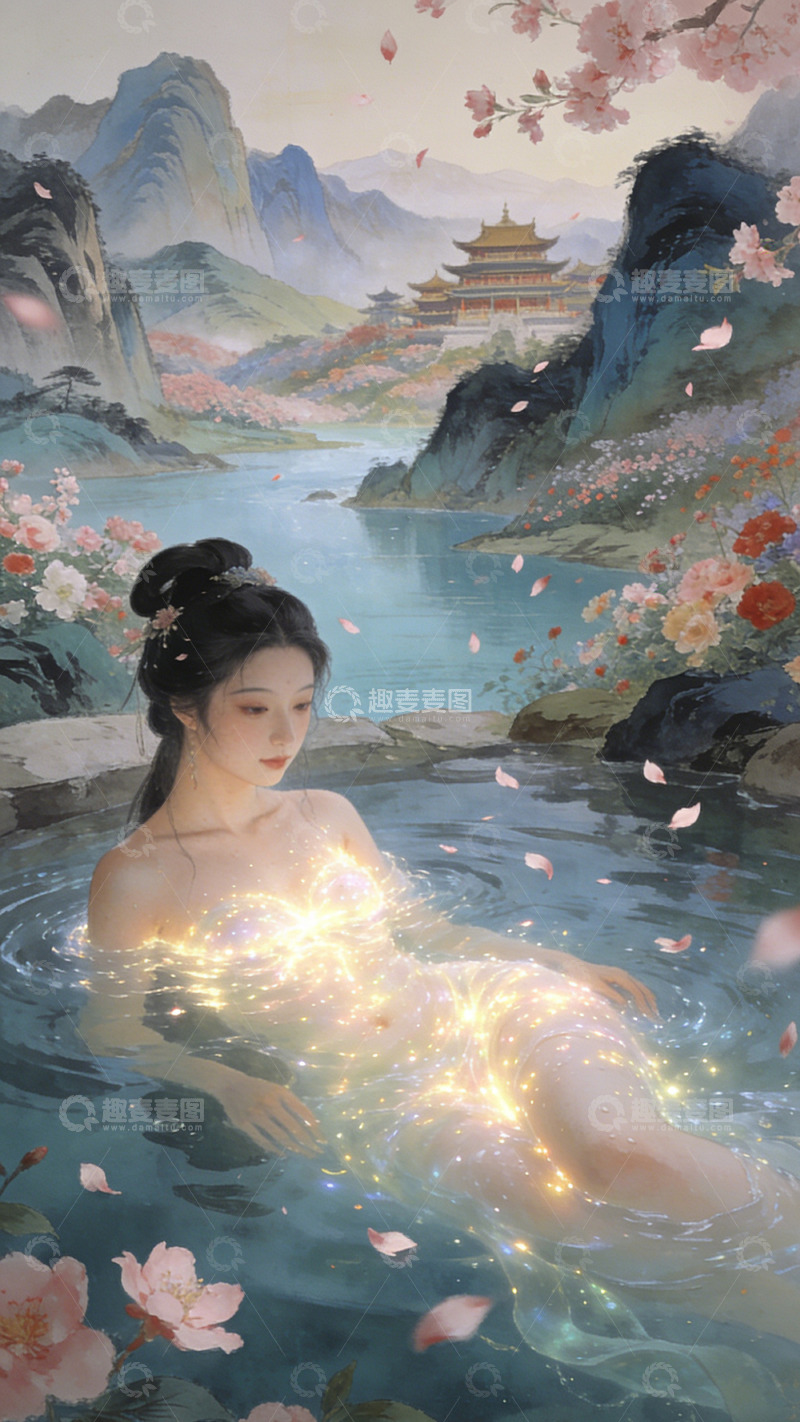 高清大图下载【趣麦麦图】古风仙女水中共舞水墨画装饰画