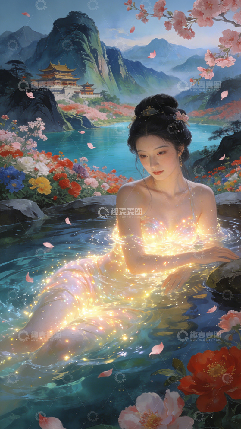 高清大图下载【趣麦麦图】古风仙女水中沐浴艺术插画装饰画
