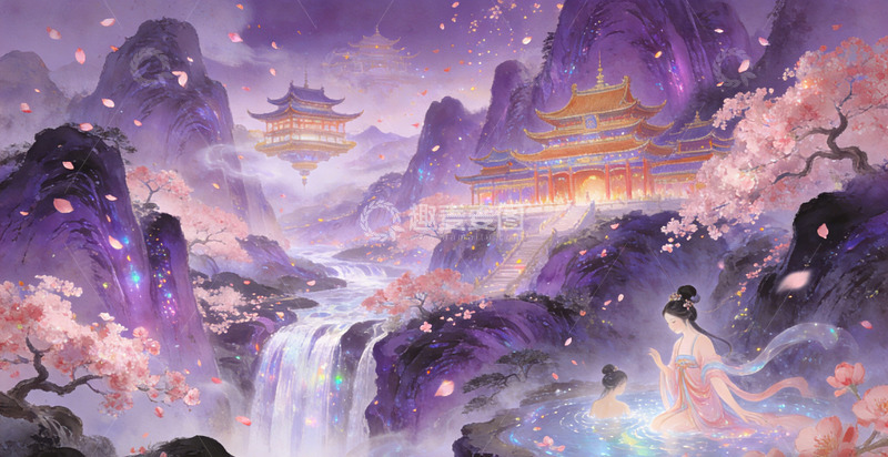 高清大图下载【趣麦麦图】古风山水画仙境宫殿瀑布装饰画