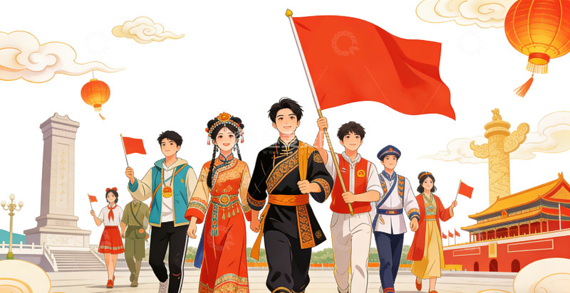 高清大图下载【趣麦麦图】国庆庆典民族团结插画