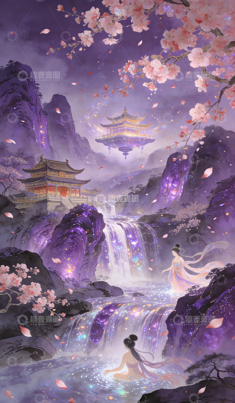 高清大图下载【趣麦麦图】古风仙境瀑布樱花插画装饰画