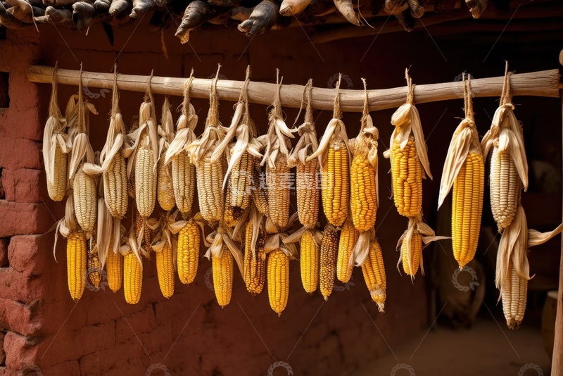 高清大图下载【趣麦麦图】挂起来晾晒的玉米串