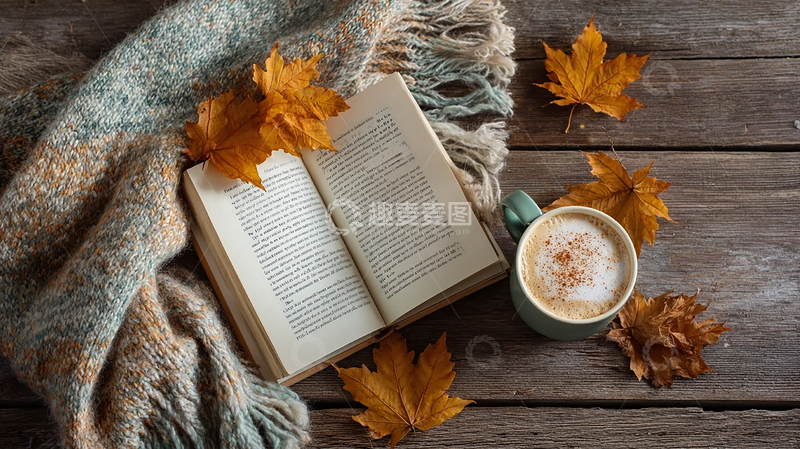高清大图下载【趣麦麦图】落叶轻舞中的咖啡时光