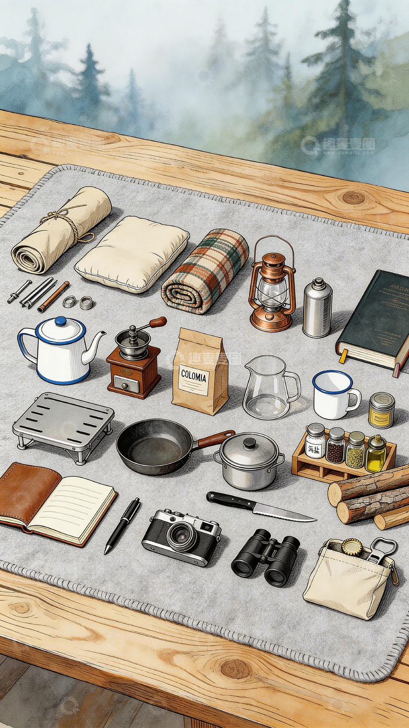高清大图下载【趣麦麦图】户外露营装备插画