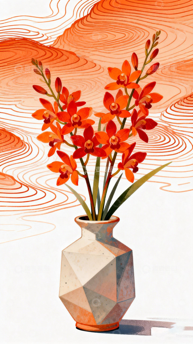 高清大图下载【趣麦麦图】抽象花瓶兰花艺术插画