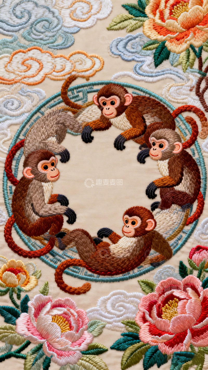 高清大图下载【趣麦麦图】刺绣风猴子花卉图案装饰布料
