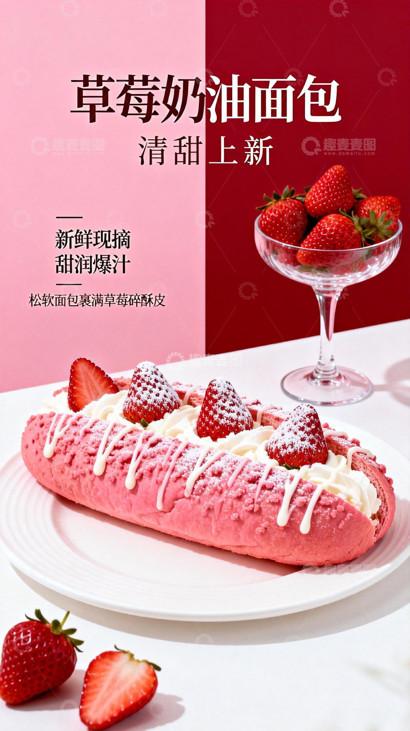 高清大图下载【趣麦麦图】草莓奶油面包新品宣传海报