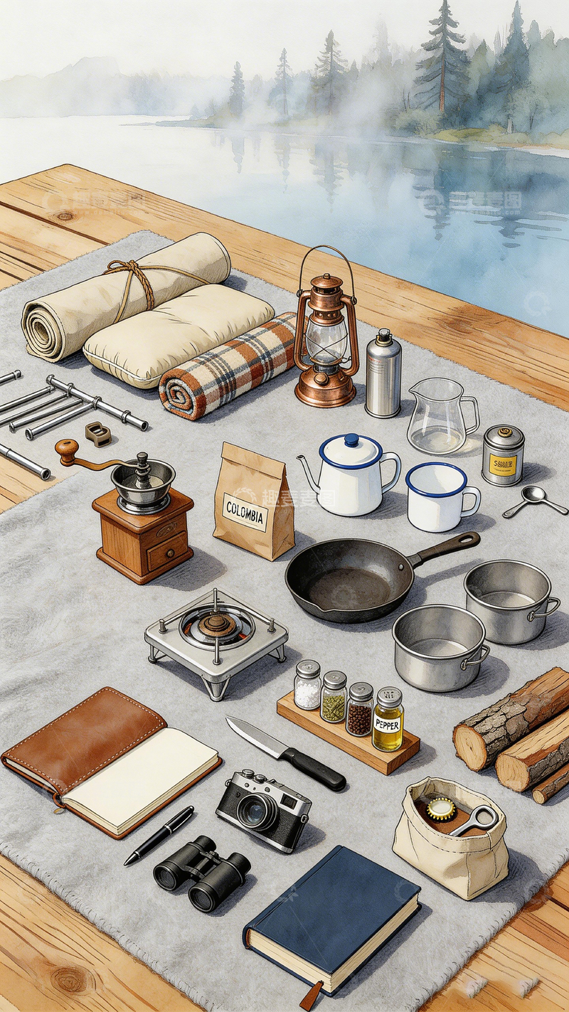 高清大图下载【趣麦麦图】户外露营野餐准备水彩插画