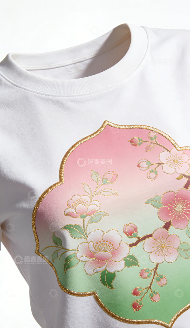 高清大图下载【趣麦麦图】文创产品刺绣花卉白色T恤设计
