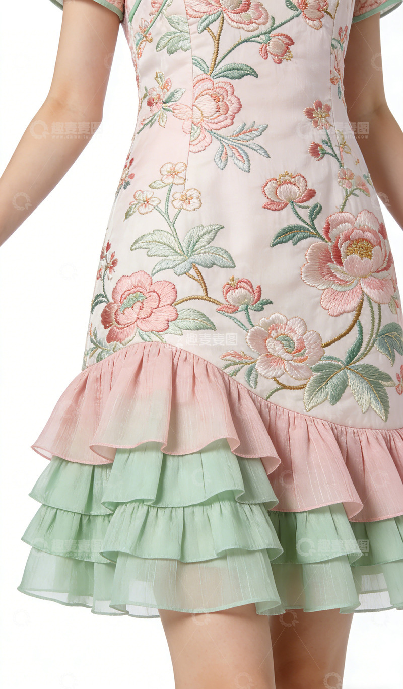 高清大图下载【趣麦麦图】文创产品绣花裙摆多层次少女连衣裙