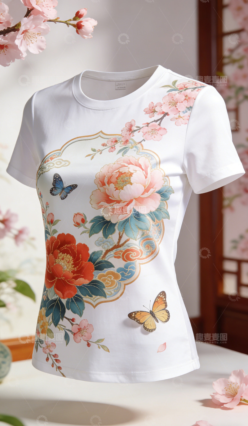 高清大图下载【趣麦麦图】文创产品花卉蝶舞白色T恤设计