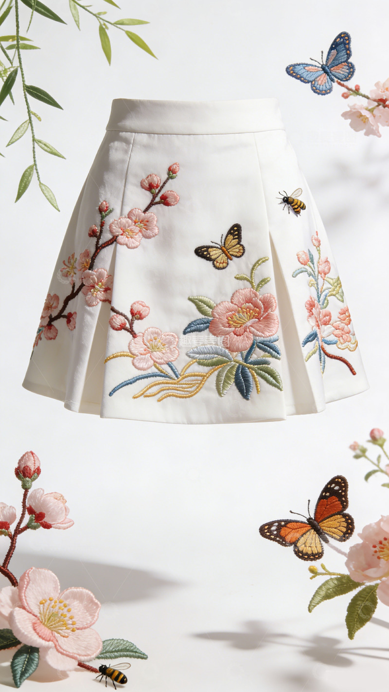 高清大图下载【趣麦麦图】文创产品刺绣花朵蝴蝶短裙设计图