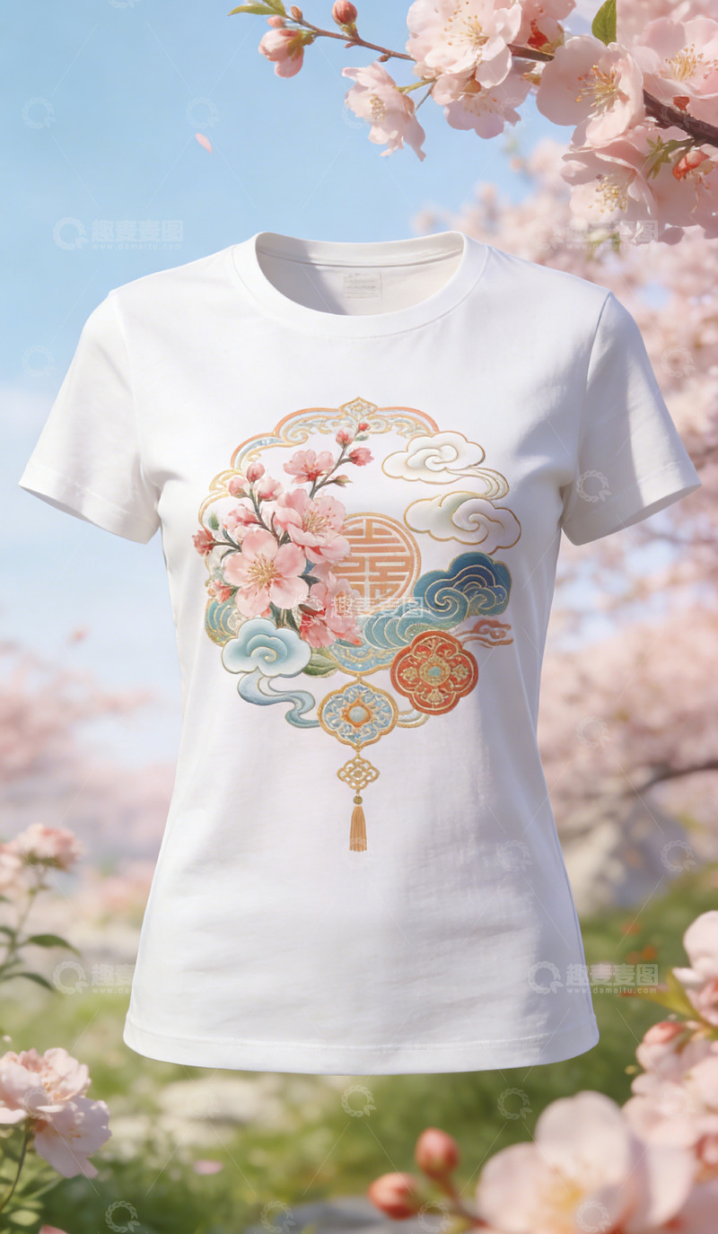 高清大图下载【趣麦麦图】文创产品樱花主题白色T恤设计