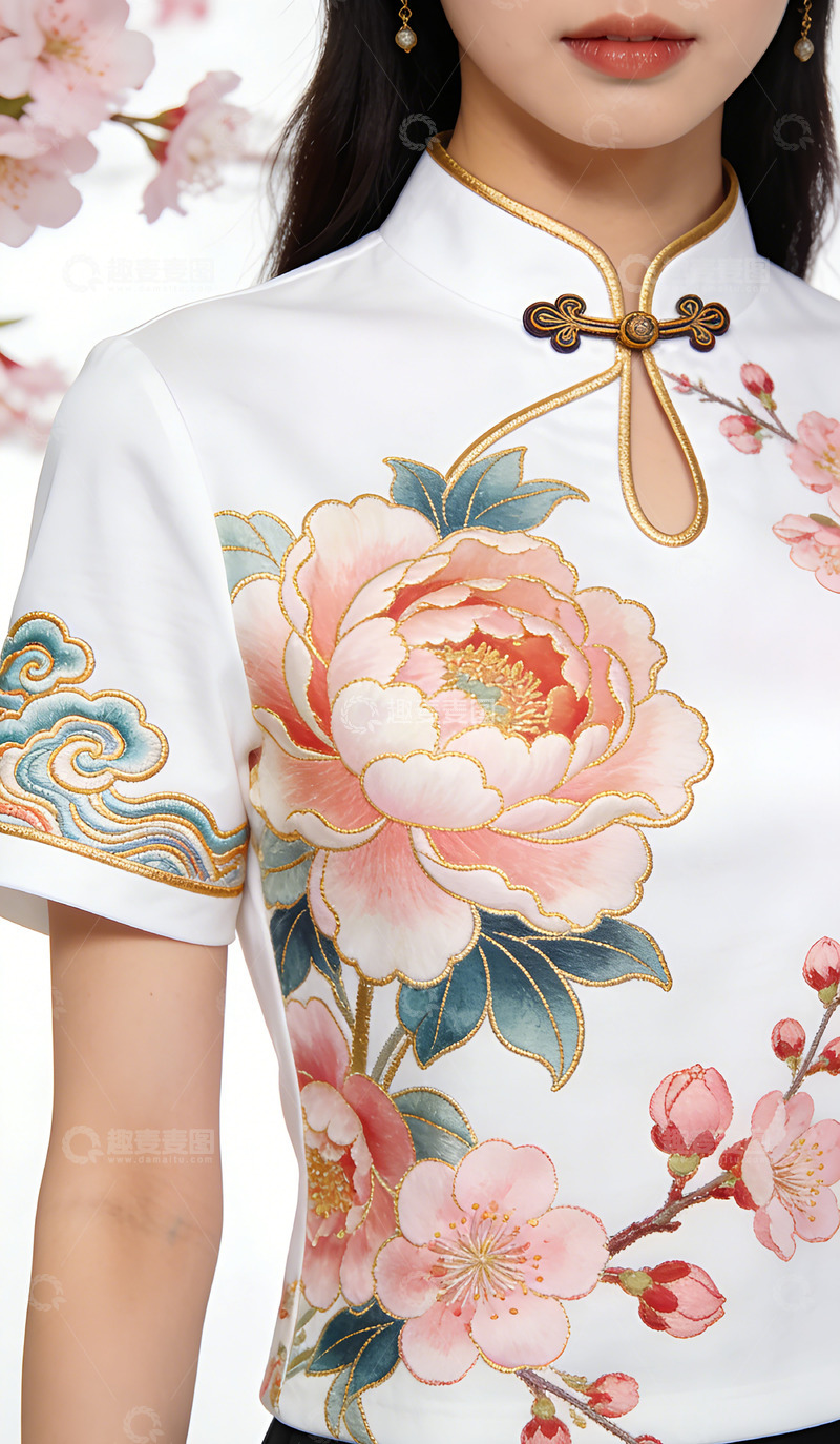高清大图下载【趣麦麦图】文创产品中国风旗袍花卉刺绣上衣